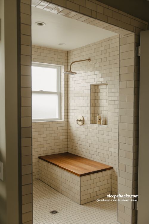 walk in shower with built in bench farmhouse bathroom spa design with teak wood seat and tiled shower walls