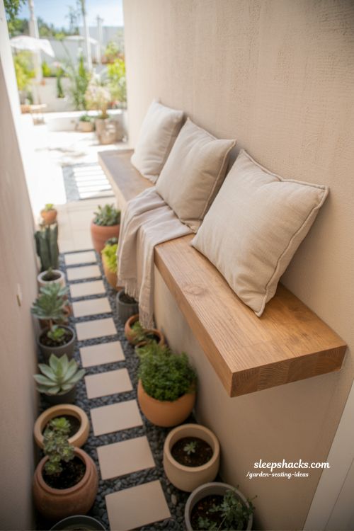 wall mounted garden bench ideas for small outdoor spaces with cozy cushions and space saving narrow layout 
