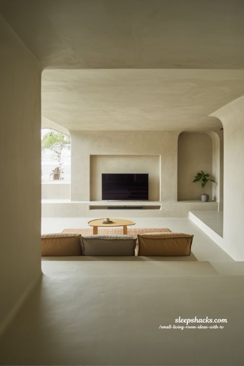 wall mounted tv for a clean open small living room with modern minimalist style