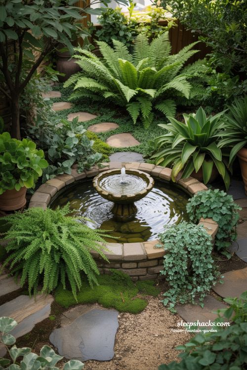 water fountain garden with plants and layered greenery for natural calming outdoor beauty