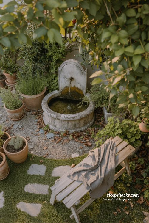 water fountain garden with soft evening light and cozy natural textures