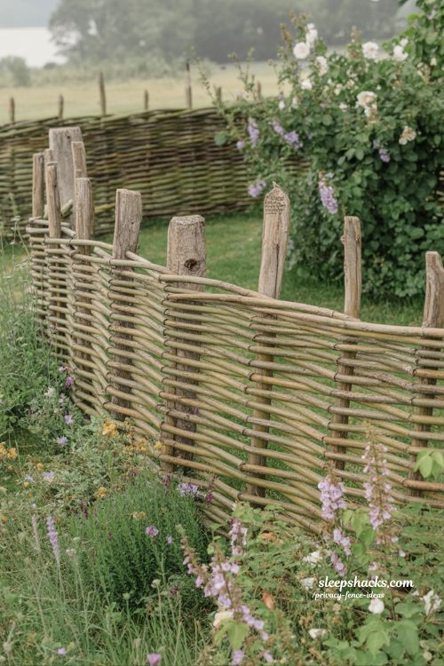 wattle weave fence ideas for a rustic cottage garden with natural branch privacy and wildflower landscaping