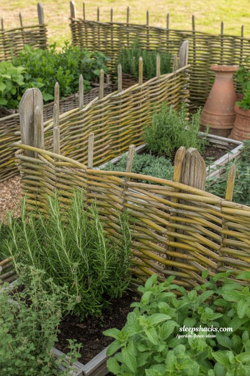 willow hurdle garden fence framing cottage herb beds and vegetable garden borders