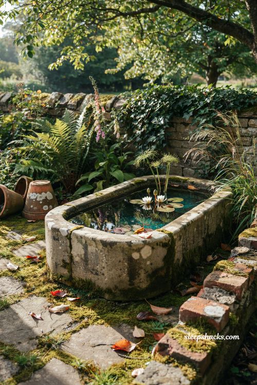 Above ground mini pond ideas using an antique stone trough with moss and ferns 
