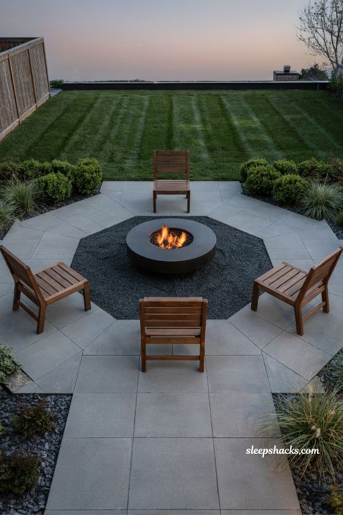 Backyard mulch ideas with dark mulch fire pit design and modern outdoor seating layout