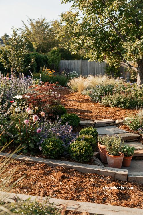 Backyard mulch ideas with natural landscaping design and clean garden bed structure