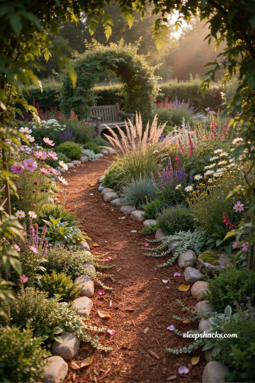 Backyard mulch ideas with winding garden path and natural cottage landscaping