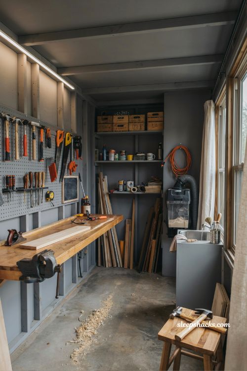 Backyard workshop shed with workbench tool storage and DIY project space inspiration