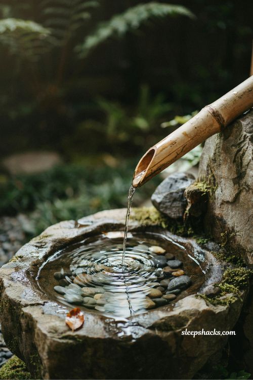 Bamboo spout stone basin diy japanese water fountain garden calming water feature idea