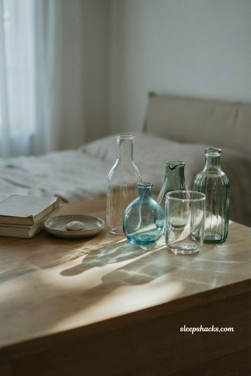 Coastal blue bedroom ideas with glass vases sea glass decor and airy beach house shelf styling