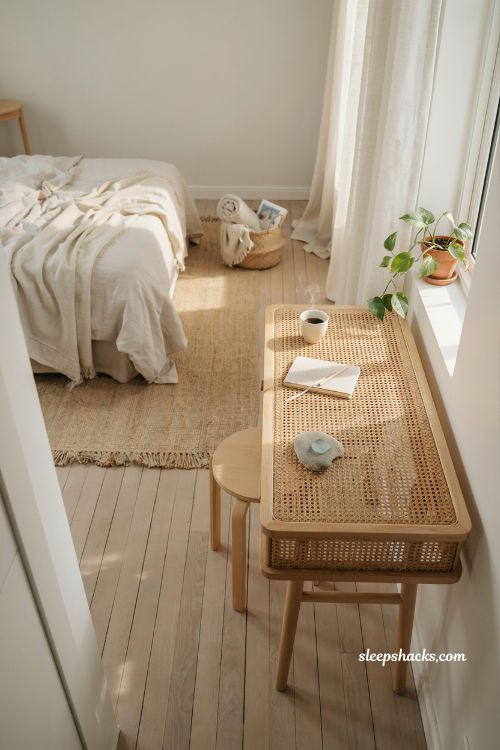 Beach house bedroom shelf with found objects driftwood and sea glass styled like art coastal minimal decor natural collected seaside pieces