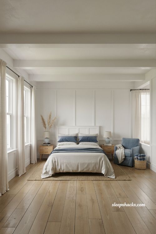 Beach house bedroom with blue and white coastal palette muted navy bedding white walls classic seaside interior calm airy design