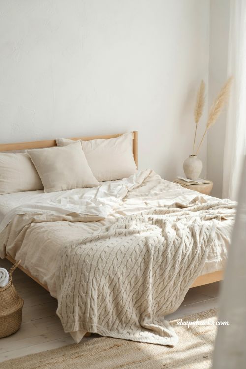 Beach house bedroom with chunky knit throw over linen sheets layered coastal bedding soft textured minimalist bed styling natural calm interior