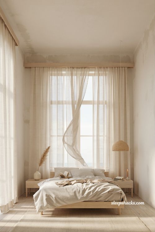 Beach house bedroom with gauzy curtain panels coastal airy window treatments sheer white drapes soft natural light breezy minimalist interior