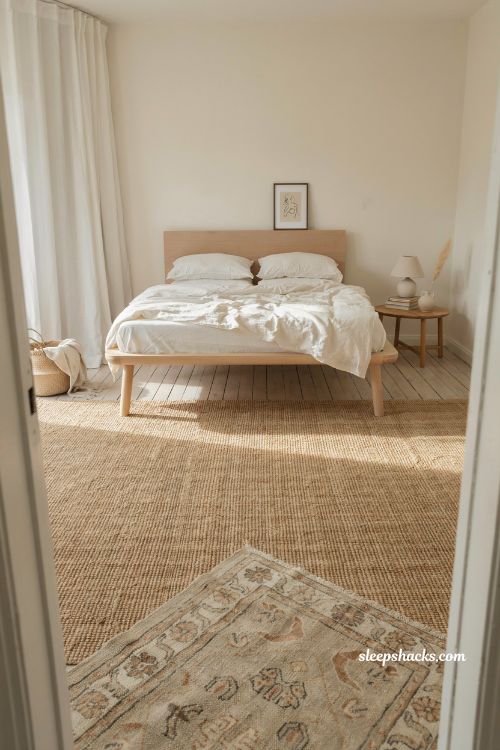 Beach house bedroom with jute rug under bed natural coastal texture layered rugs warm minimalist seaside interior soft earthy flooring