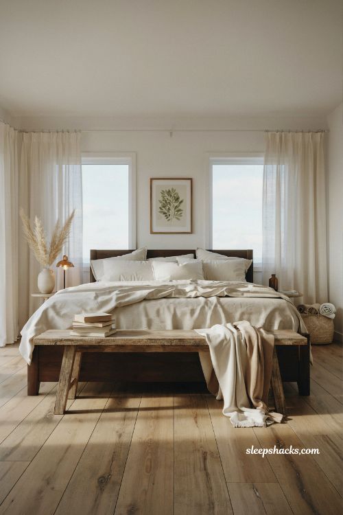 Beach house bedroom with rustic wood bench at foot of bed coastal farmhouse style warm weathered wood functional minimalist interior