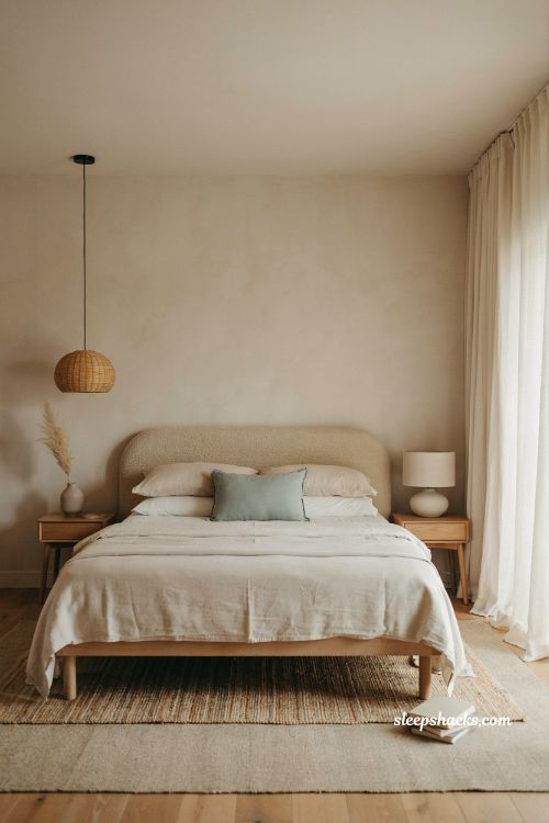 Beach house bedroom with sandy beige and sea glass green coastal palette soft neutral interior muted earthy tones calming seaside design