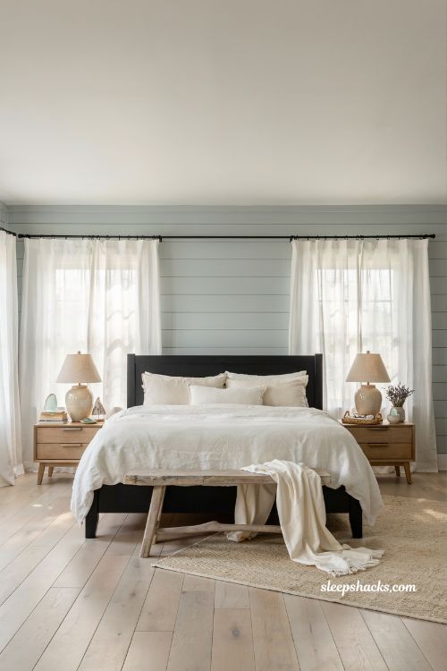 1. Shot type — wide-angle interior shot taken from doorway height, capturing the full depth and symmetry of the bedroom space 2. Room description — a serene beach house bedroom designed around crisp white walls that create a calm, airy foundation. The space feels open and breathable, with architecture that emphasizes simplicity and natural flow, allowing light to become the main design element rather than decor overload 3. Style and era — modern coastal minimalism blended with timeless seaside cottage design, inspired by quiet luxury beach homes with a focus on restraint and natural harmony 4. Color palette — soft chalk white, warm ivory, pale sand beige, muted driftwood taupe, and subtle sea glass green accents that appear gently through textiles and decor 5. Key props and details — linen bedding in layered whites and off-whites, a weathered wooden bedside table with visible grain, a simple ceramic vase with dried coastal grasses, woven rattan elements in a chair or basket, light cotton curtains slightly textured to catch airflow, minimal framed abstract coastal artwork in desaturated tones 6. Lighting — soft natural daylight streaming through large windows, diffused and gentle, bouncing off white walls to evenly illuminate the room with a calm, sun-washed glow that feels late morning and unhurried 7. Mood and atmosphere — the white walls create a grounding sense of clarity, soft colors subtly shift the emotional tone into calm and ease, aged natural textures add warmth and lived-in authenticity, and simple restrained details create a lasting sense of peaceful coastal living and quiet escape Beach house bedroom with soft linen bedding and morning coastal light (1)