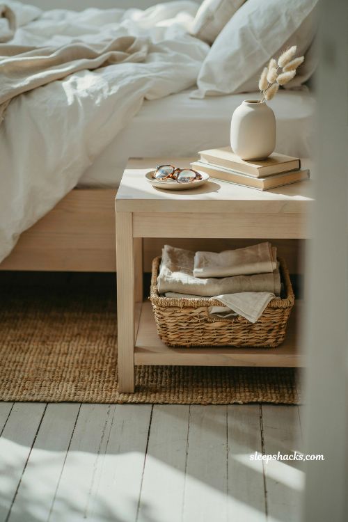 Beach house bedroom with wicker basket under nightstand coastal storage idea natural woven organization minimalist seaside interior styling