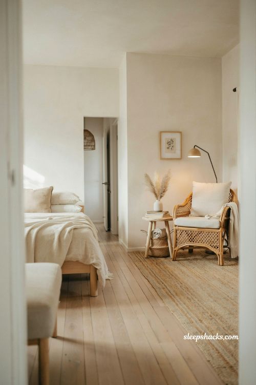 Beach house bedroom with woven rattan chair reading nook corner coastal interior cozy minimalist seating area warm natural textures