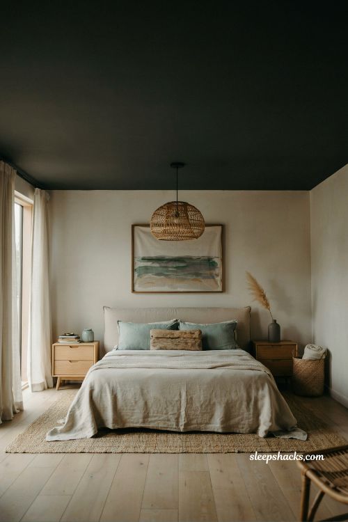Beach room aesthetic bedroom with black ceiling moody coastal interior and natural textured decor