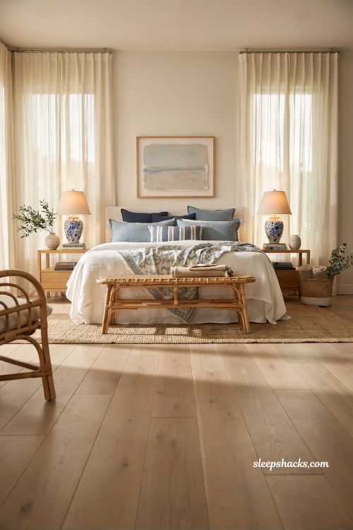 Beach room aesthetic bedroom with blue accents layered over warm neutral decor and coastal textures