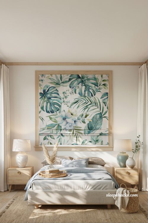Beach room aesthetic bedroom with botanical roman shade window treatment and pale blue coastal bedding
