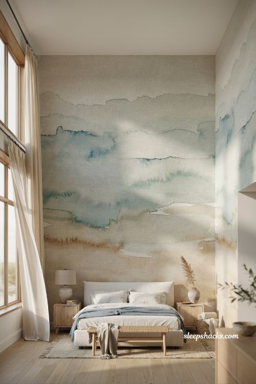 Beach room aesthetic bedroom with hand painted grasscloth wallpaper and soft coastal textures