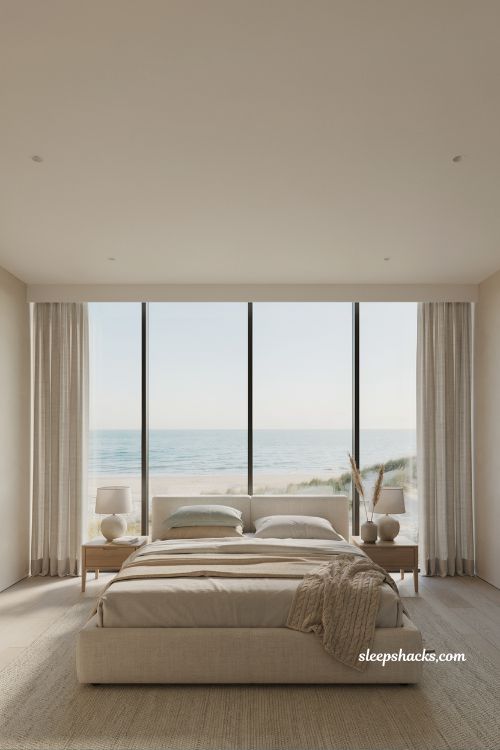Beach room aesthetic bedroom with large window ocean view becoming focal point minimalist coastal interior design