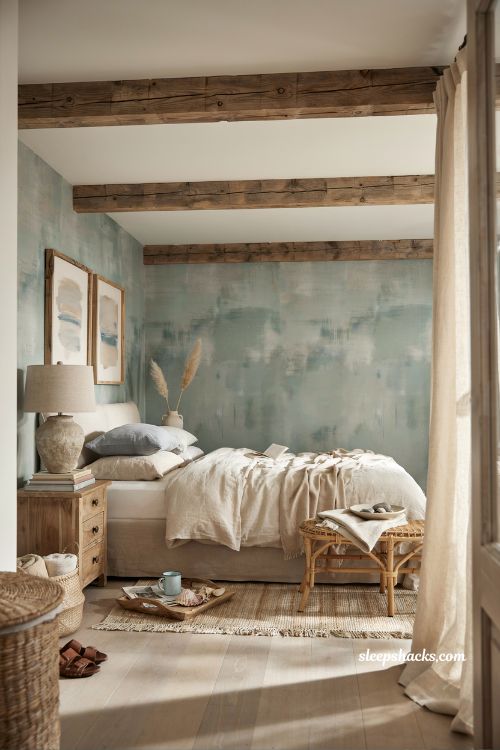Beach room aesthetic bedroom with layered natural textures and modern coastal charm