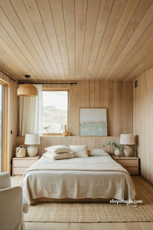 Beach room aesthetic bedroom with light wood paneling ceiling to floor coastal bedroom interior design