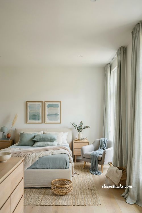 Beach room aesthetic bedroom with pastel blue green and gray layered coastal color palette interior design