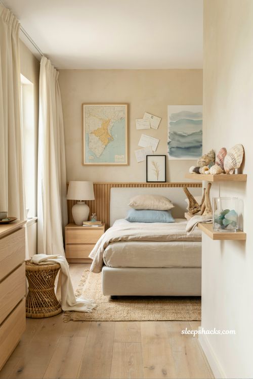 Beach room aesthetic bedroom with personalized coastal art gallery wall and collected seaside objects styling