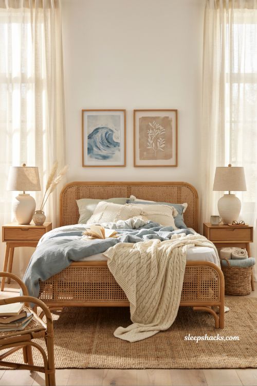 Beach room aesthetic bedroom with rattan bed frame seafoam bedding and natural coastal textures