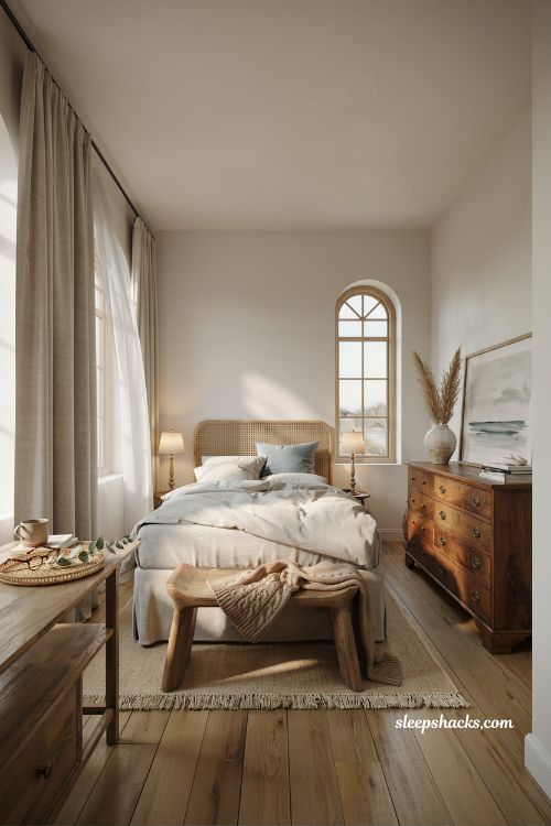 Beach room aesthetic bedroom with rich wood furniture layered into a light coastal interior for warmth and depth