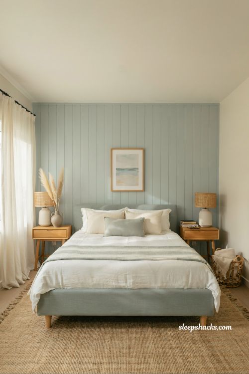 Beach room aesthetic bedroom with seafoam green coastal decor and natural wood accents