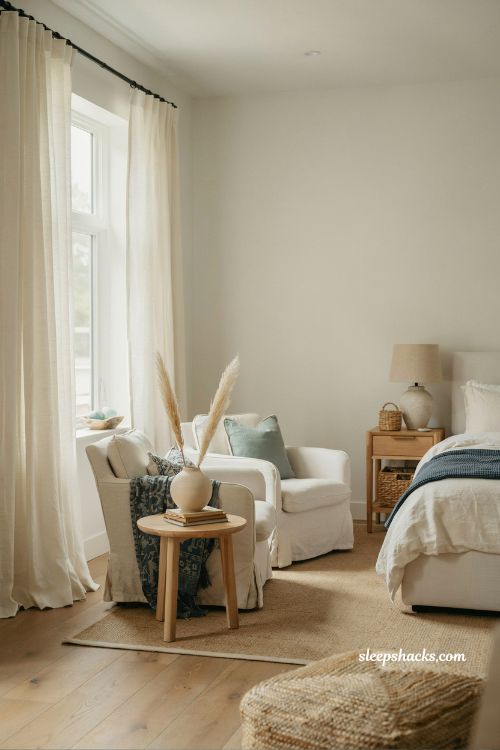 Beach room aesthetic bedroom with slipcovered linen chairs coastal seating nook near window and navy accent throws