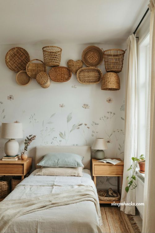 Beach room aesthetic bedroom with wicker basket wall decor above bed and botanical coastal wallpaper