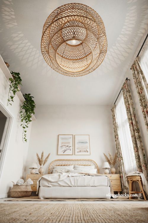 Beach room aesthetic bedroom with woven chandelier over white coastal bedroom with textured boho decor