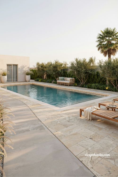 Big backyard pool ideas with modern resort style landscaping and lounge space