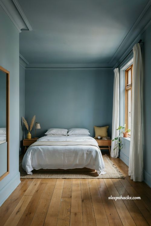 Blue and white bedroom ideas with color drenching soft French blue immersive bedroom design