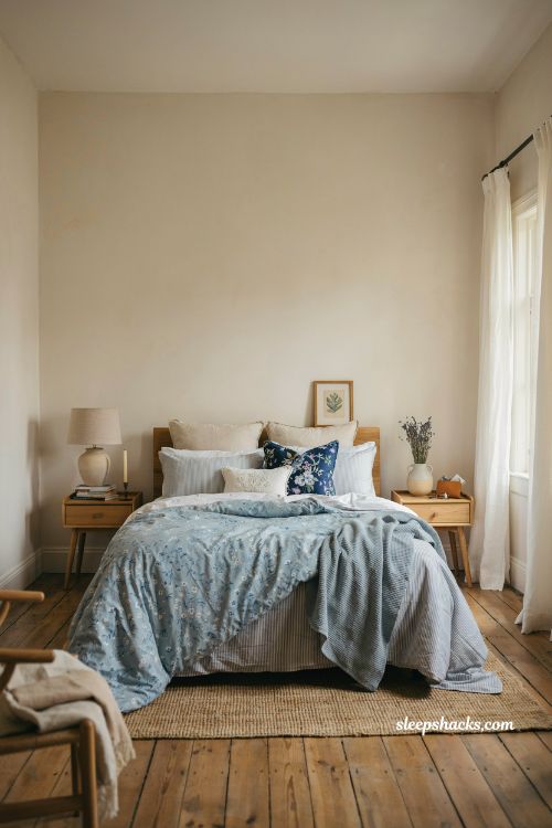 Blue and white bedroom ideas with mixed patterns layered floral stripe and geometric bedding design