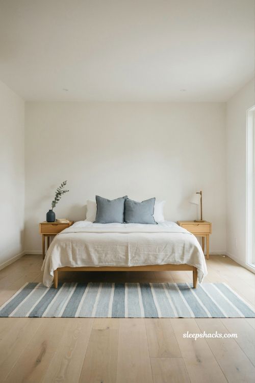 Eye-level wide-angle interior photography shot from a slightly low corner perspective capturing a serene French-inspired bedroom designed using a full color-drenched blue treatment, with walls, ceiling, and trim all painted in a cohesive mid-tone muted French blue, and the camera framing the entire bed wall, surrounding furnishings, and architectural structure in a balanced editorial composition. The perspective emphasizes immersive enclosure, tonal continuity, and soft architectural depth while keeping every surface sharply defined and fully visible. The room reflects a modern French-country meets contemporary minimalist aesthetic where a single blue tone is used across all architectural surfaces to create a cocoon-like, enveloping atmosphere. The design feels calming, immersive, and emotionally grounded, with color acting as both structure and mood. The color palette is composed of muted French blue, soft teal undertones, dusty slate blue variations within lighting shifts, warm ivory, crisp white accents, subtle butter yellow highlights, and natural oak wood brown, creating gentle contrast within a fully unified blue environment. Key props and details include a bedroom fully color-drenched in a soft, mid-tone French blue, where walls, ceiling, and trim are all painted in the same hue, creating seamless visual continuity and a wrapped spatial effect. The bed sits centrally as a grounding focal point, dressed in crisp white linen bedding layered with soft neutral throws in ivory or flax beige to create contrast against the saturated blue environment. Minimal furniture in natural wood or muted neutral finishes prevents visual heaviness and allows the color-drenched architecture to dominate. Subtle accent moments appear in the form of warm yellow details—such as a small ceramic vase, a throw pillow, or a bedside object—adding gentle warmth and visual lift against the cool backdrop. Window frames and trim remain fully integrated into the same blue tone, reinforcing the immersive effect. The flooring is warm natural wood, adding grounding contrast beneath the continuous blue enclosure. Lighting is soft natural daylight gently diffused through unseen windows, interacting with the color-drenched blue surfaces to create subtle tonal shifts and depth variation across walls and ceiling. The light remains even and calming, preserving clarity while enhancing the cocoon-like atmosphere. Mood and atmosphere translate into immersive calm and emotional enclosure, where color drenching transforms architecture into a unified visual experience, white accents introduce clarity, and small yellow highlights add warmth and balance. The room feels deeply restful, modern, and slightly dramatic in a quiet, sophisticated way, like a French-inspired retreat designed for complete visual and emotional immersion. no people, no text, no watermarks, no blur, no bokeh, all surfaces in sharp focus, photorealistic, 4K resolution, editorial interior photography, Pinterest-worthy