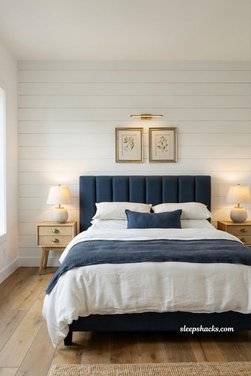 Blue and white bedroom ideas with navy bedding and white shiplap coastal elegant interior design