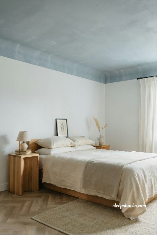 Blue and white bedroom ideas with painted blue ceiling and calm sky inspired interior design