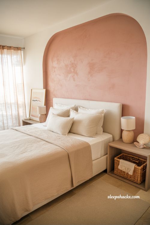 Blush pink accent wall behind bed in a coastal bedroom with soft dusty rose tones