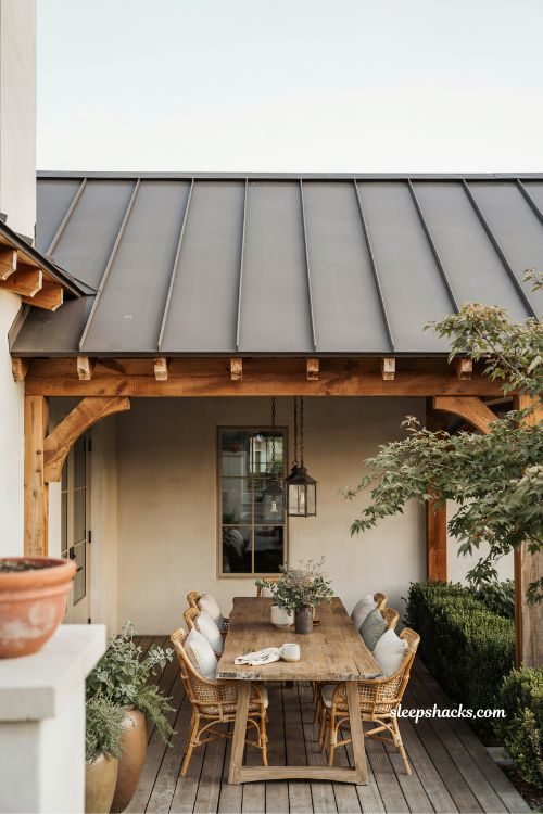 Cedar timber frame deck with metal roof for rustic modern outdoor living