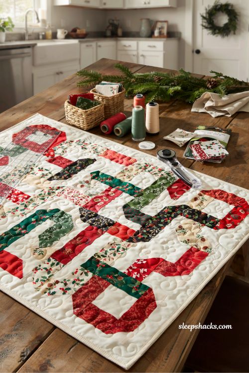 Chain link Christmas quilt made with charm squares and festive holiday fabrics