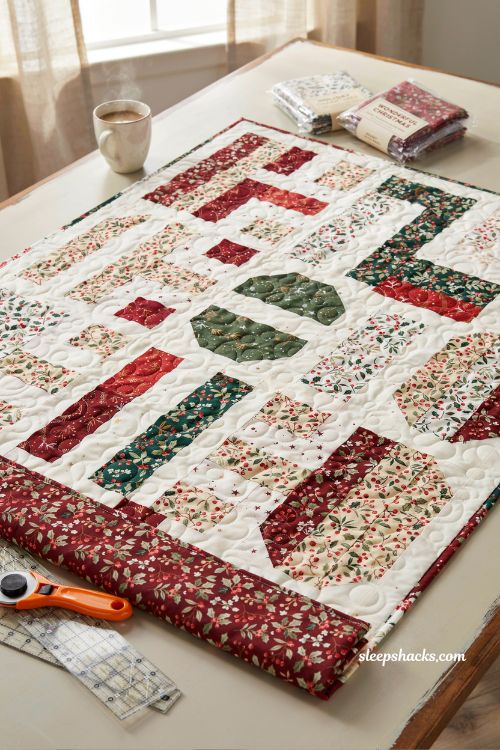 Christmas house block quilt with patchwork holiday village and pine tree blocks on rustic sewing table in cozy farmhouse quilting studio with storybook Christmas charm