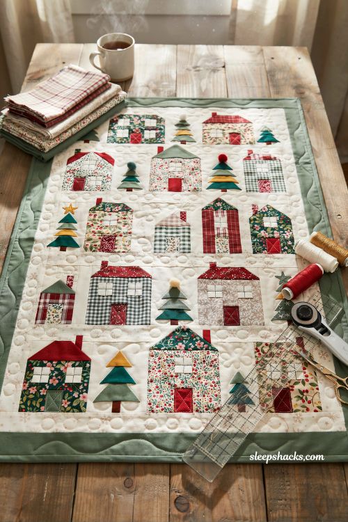 Christmas house block quilt with patchwork holiday village and pine tree blocks on rustic sewing table in cozy farmhouse quilting studio with storybook Christmas charm